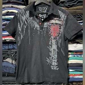 Black Rivet Men's Polo with Red and Gray Graphic